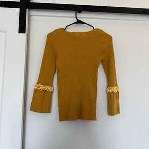 Stellah Women’s Long Bell Sleeve Top Ribbed Stretchy Mustard Beaded Hippie Artsy